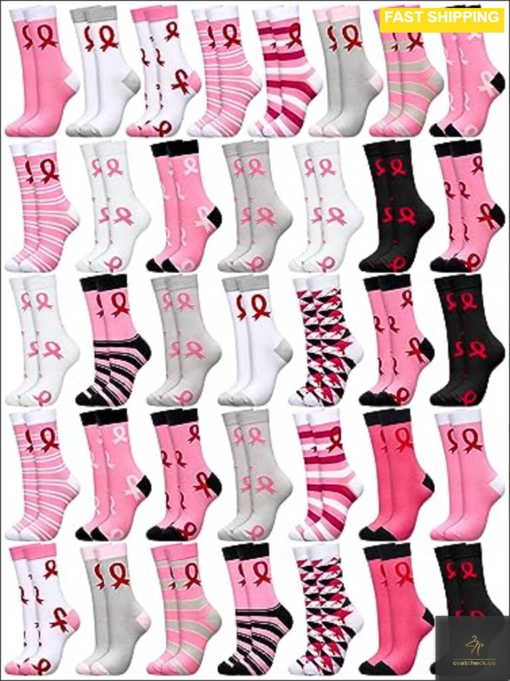 Breast Cancer Awareness Crew Socks 36 Pairs Polyester Womens Pink Ribbon